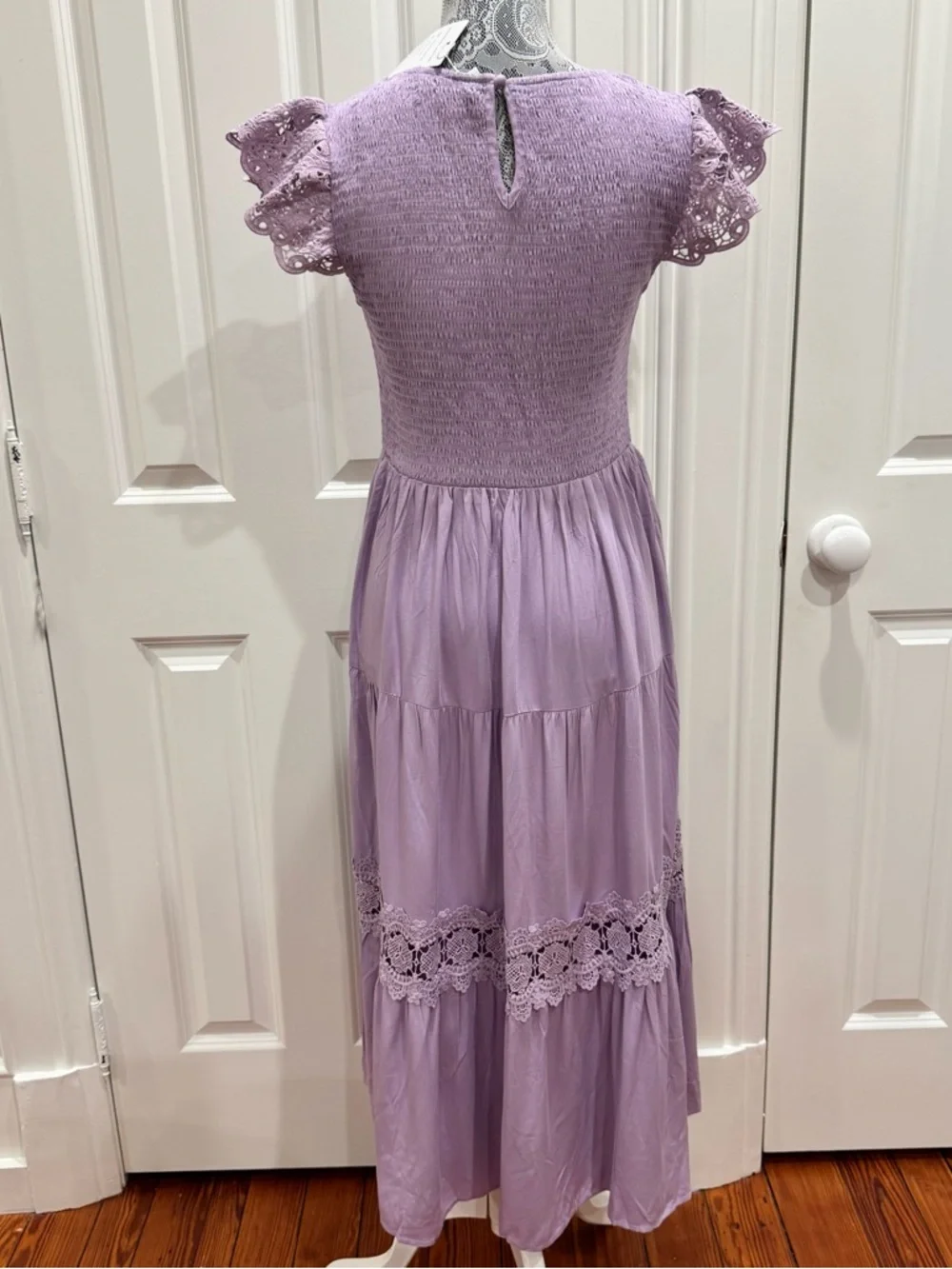 NEW Milkmaid Smocked Maxi Dress Size M Lavender Tiered Crochet Boho - Picture 4 of 10